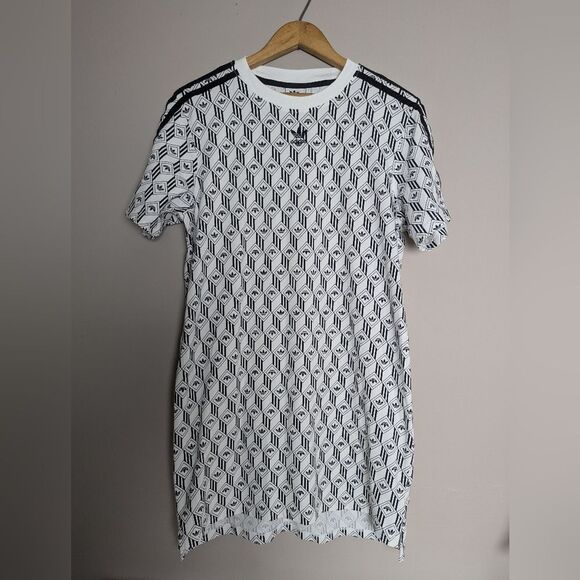 Adidas Originals Mono Print Tee Dress – Black & White, Stretchy, Size Small - Picture 2 of 10
